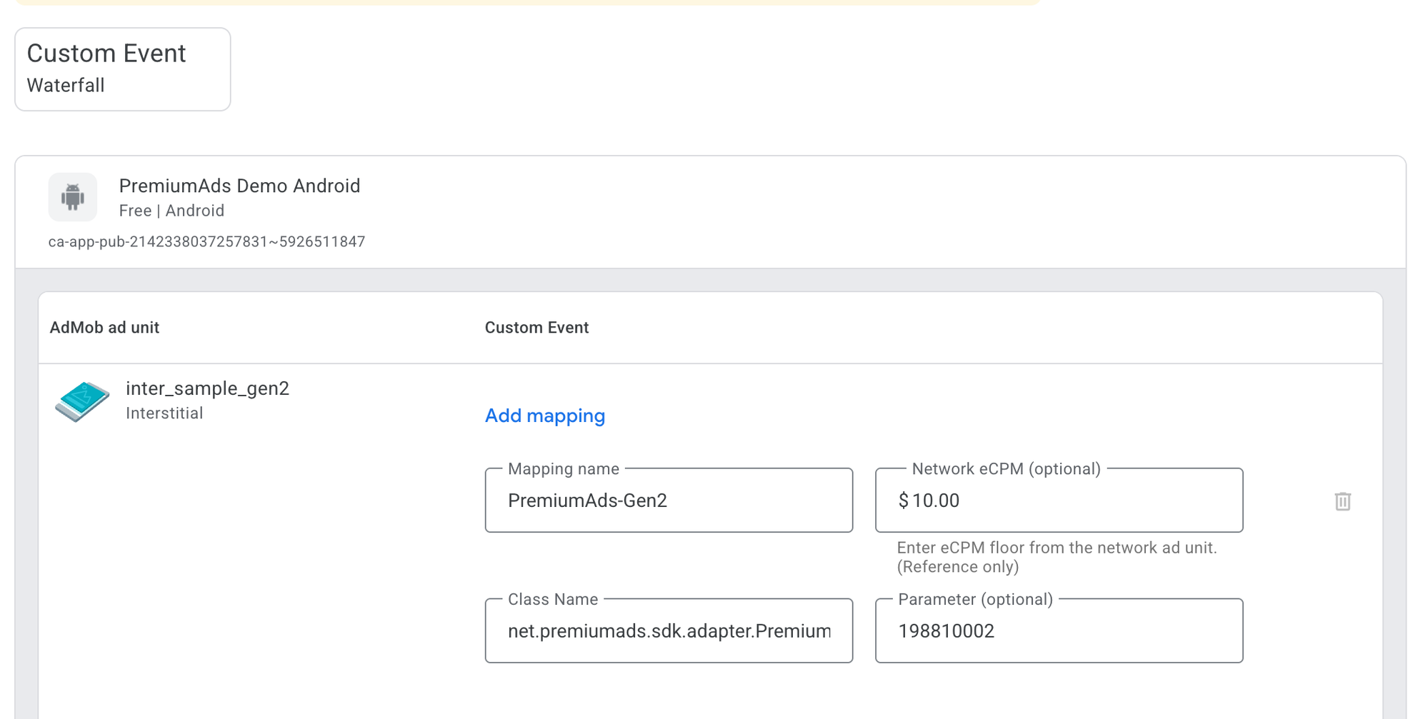 AdMob mediation custom event mapping setup